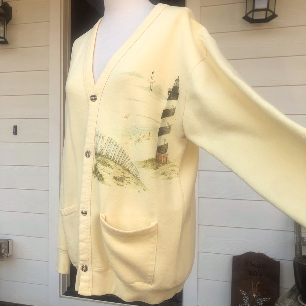 Yellow Cardigan with Lighthouse Print